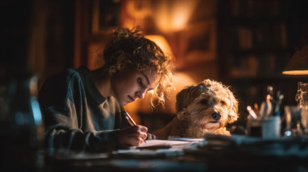 Teenager concentrates on homework while a pet dog sits beside, surrounded by warm lighting that enhances the cozy feeling of the spaceの素材