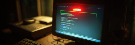 Alert about outdated antivirus software displayed on a computer screen with a dimly lit background, highlighting security risks at night.の素材