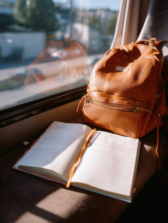 During a bus ride, a planner is open on a persons lap, while a backpack rests beside. Natural light enhances the workspaces inviting atmosphere.の素材