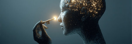 A person gently uses a key to unlock their head, symbolizing the pursuit of knowledge. Soft light illuminates the scene, emphasizing enlightenment.の素材