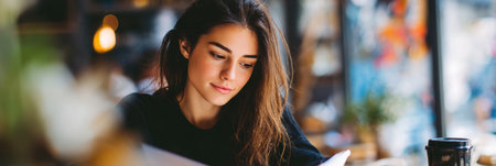 Focused young woman reviews flashcards at a cafe table, surrounded by soft lighting and a warm ambiance, immersing herself in her study session.の素材