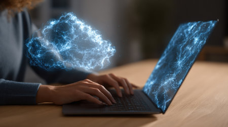 User types on smart notebook while data animates in trails to cloud above, illustrating technology in action and modern data management conceptsの素材