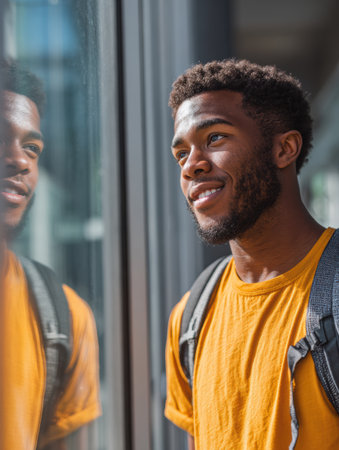 A young man wearing an orange shirt and backpack looks at his reflection, envisioning a successful version of himself in a bright, contemporary space.の素材