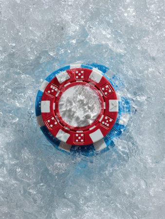 A vibrant poker chip is frozen within a crystal-clear ice cube, enhancing the frosty mood and offering an intriguing perspective on gambling and leisure.の素材