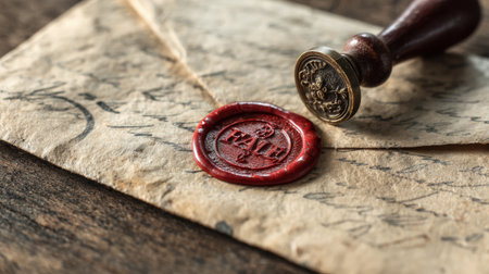 A vintage letter features a red wax seal marked FAKE, resting on an old wooden surface, showing handwritten text and hints of a historical context.の素材