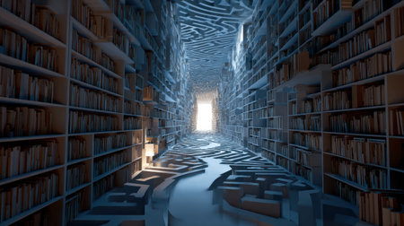 A complex maze made of bookshelves stretches into the distance, with a light path emerging from the upper left, guiding the way to a brighter space.の素材