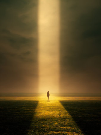Individual with a radiant aura strides forward into a welcoming field filled with potential, surrounded by a darkening sky and open atmosphere.の素材