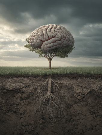 Roots underground forming the shape of a brain create a striking contrast with the lush grass and overcast sky above, blending nature and intellect.の素材