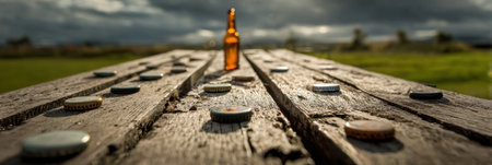 A picnic table covered with scattered bottle caps features a single beer bottle resting in the center, set against a faded sky above a green landscape.の素材