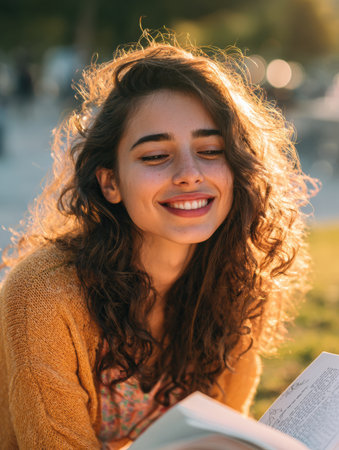 A happy teen smiles while holding an open book in a park, illuminated by warm golden hour light, surrounded by natural beauty and tranquility.の素材