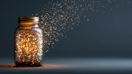 A glass jar filled with glowing ideas spills creative energy into the surrounding area, inspiring imagination and innovation in a dark setting.の素材