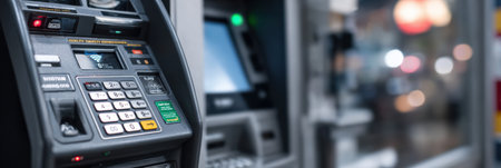 A skimming card device positioned beside an ATM is captured against a dimly lit background, indicating potential fraud in an urban area at night.の素材