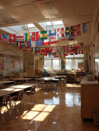 In a bright multilingual classroom, flags from different countries hang from the ceiling, creating an inviting atmosphere for cultural learning.の素材