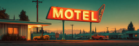 A stylized retro motel sign illuminates the dusky sky as a vintage car sits nearby, creating a nostalgic ambiance in a quiet setting.の素材