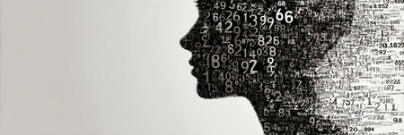 Profile silhouette of a human head intricately formed by numbers and symbols, suggesting themes of data, intelligence, and creativity in a minimalist design.の素材