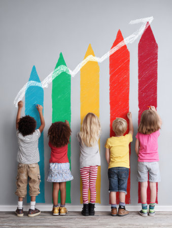 A group of children joyfully tracks their individual progress on a colorful growth chart, highlighting their achievements and upward trends.の素材