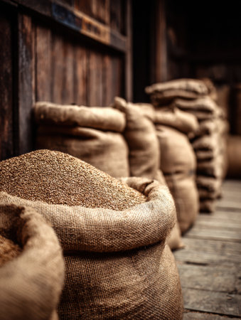 Grain and malt sacks neatly arranged in a rustic brewery setting provide a charming backdrop, emphasizing the craftsmanship of brewing and storage.の素材