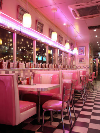 Bright pink tones illuminate the retro diner interior, highlighting cozy booths and a charming lightbox sign, creating an inviting atmosphere for diners.の素材
