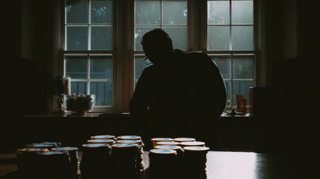 A gambler leans by the window, surrounded by stacks of chips, suggesting a moment of contemplation in a quiet space filled with tension and excitement.の素材