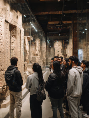 A diverse group of students engages with ancient artifacts at a cultural heritage museum, deepening their understanding of history on a field trip.の素材