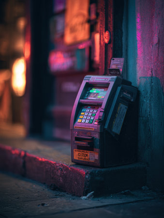 A skimming card device is seen next to an ATM, highlighting the dangers of fraud under the shadowy glow of nearby lights during the night.の素材