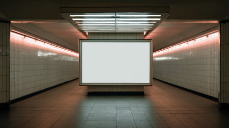 Large blank advertising screen stands in an empty subway tunnel surrounded by neon light accents, highlighting the minimalist urban design.の素材