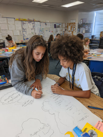 Students work together in a classroom to create posters centered on equity and social justice, demonstrating teamwork and creativity in their designs.の素材