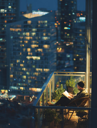 Enjoying a peaceful moment on the balcony, a person reads while surrounded by greenery and illuminated city buildings at dusk.の素材