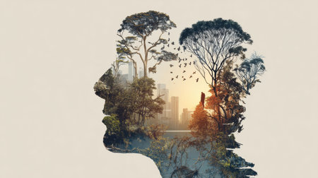 Silhouette of a head filled with vibrant nature elements symbolizes mental growth, featuring trees, wildlife, and a serene skyline on one side.の素材