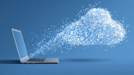 A smart notebook transfers data seamlessly to the cloud illustrated with animated trails, emphasizing efficiency in digital storage and organization.の素材