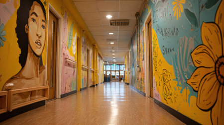 Vibrant wall art inspires students with quotes on diversity and inclusivity while brightening the school hallway filled with warm colors and creative designs.の素材