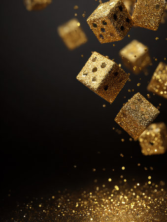 Golden dice float in the air, glimmering with a sparkling effect as they create a captivating visual display against a dark background.の素材
