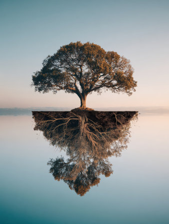 A majestic tree rises from the ground with deep roots reflecting in calm waters, symbolizing curiosity, resilience, and empathy under a clear sky.の素材
