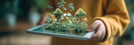 Young child holds a tablet displaying vibrant augmented reality plants, immersed in a learning experience in a serene indoor environment.の素材