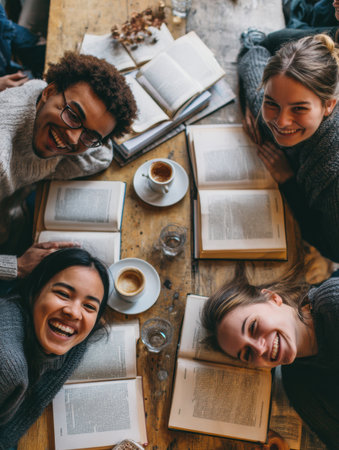 Friends share a joyful study session filled with laughter, surrounded by open books and steaming coffee in a warm, inviting atmosphere.の素材