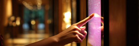 In a hotel lobby, an interactive touch panel glows softly while a guest engages with it to find services and information in a contemporary setting.の素材