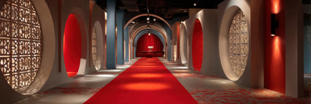 Luxurious entrance leads to a vibrant casino atmosphere, showcasing a striking red carpet and beautifully designed wall features that enhance the ambiance.の素材
