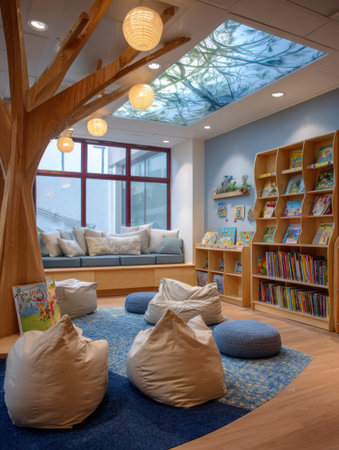 Welcoming reading nook designed for various ages and cultures, filled with multilingual books, cozy seating, and soft lighting creating a peaceful atmosphere.の素材