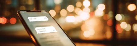 Mobile chat window displays romance scam messages with a blurred city background creating a nighttime ambience.の素材