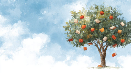 A beautiful watercolor tree stands against a blue sky, its branches adorned with colorful books resembling fruit, sparkling creativity and wonder.の素材