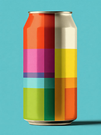 Craft beer can display a striking modern design featuring bold color blocks. The clean aesthetics and bright hues create a visually appealing product display.の素材