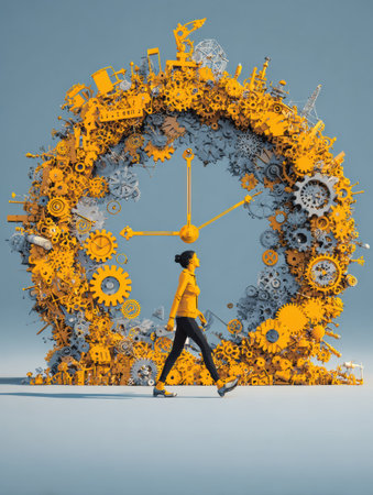 A person strolls inside a large clock made of gears, surrounded by symbols of learning, illustrating the concept of lifelong timing with an open top space.の素材