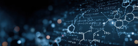 A digital board showcases physics and chemistry formulas on a vibrant background, enhancing focus with a clear left margin for study.の素材
