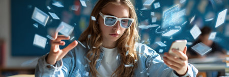 Student engages with floating AR apps during a lesson, showing advanced learning tools in the classroom.の素材