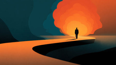 A silhouette walks along a winding path leading toward a bright brain, set against a minimal landscape with a prominent warm glow.の素材