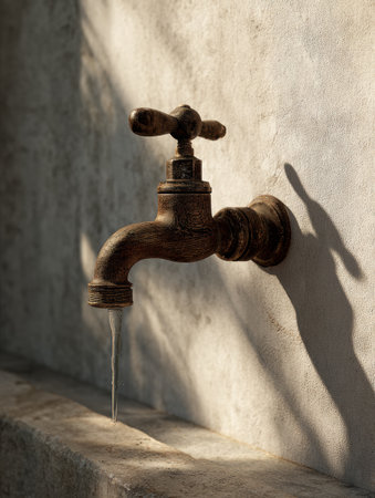 Vintage wooden tap sits against an open wall, with water gently flowing and shadows creating a calming ambiance, ideal for relaxation and tranquility.の素材