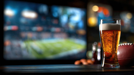 A lively sports bar buzzes with energy as a cold beer takes center stage, and the game blurs on the screen in the background.の素材