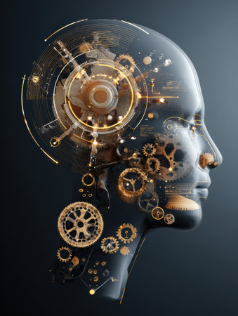 A human head filled with gears and digital HUD elements reflects futuristic technology and conceptual innovation in a clean visual layout.の素材