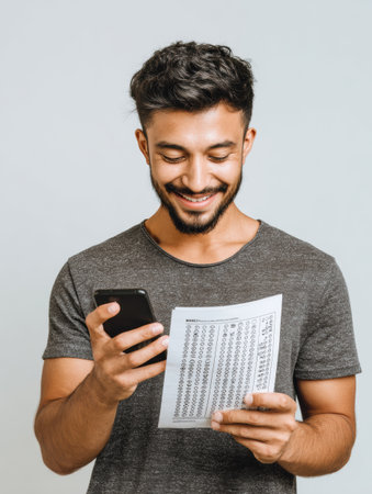 A student happily examines test results on his mobile device while holding a paper document showing his scores, reflecting a sense of relief.の素材