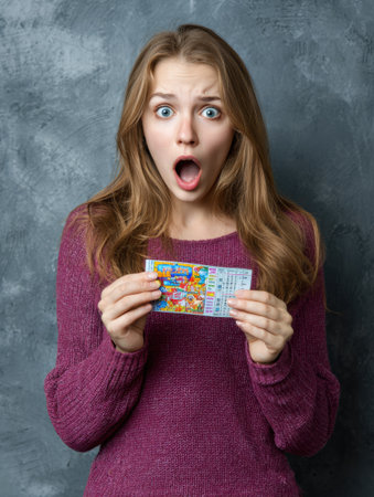 A person displays a stunned expression while holding a fake lottery ticket in both hands, set against a textured gray background.の素材